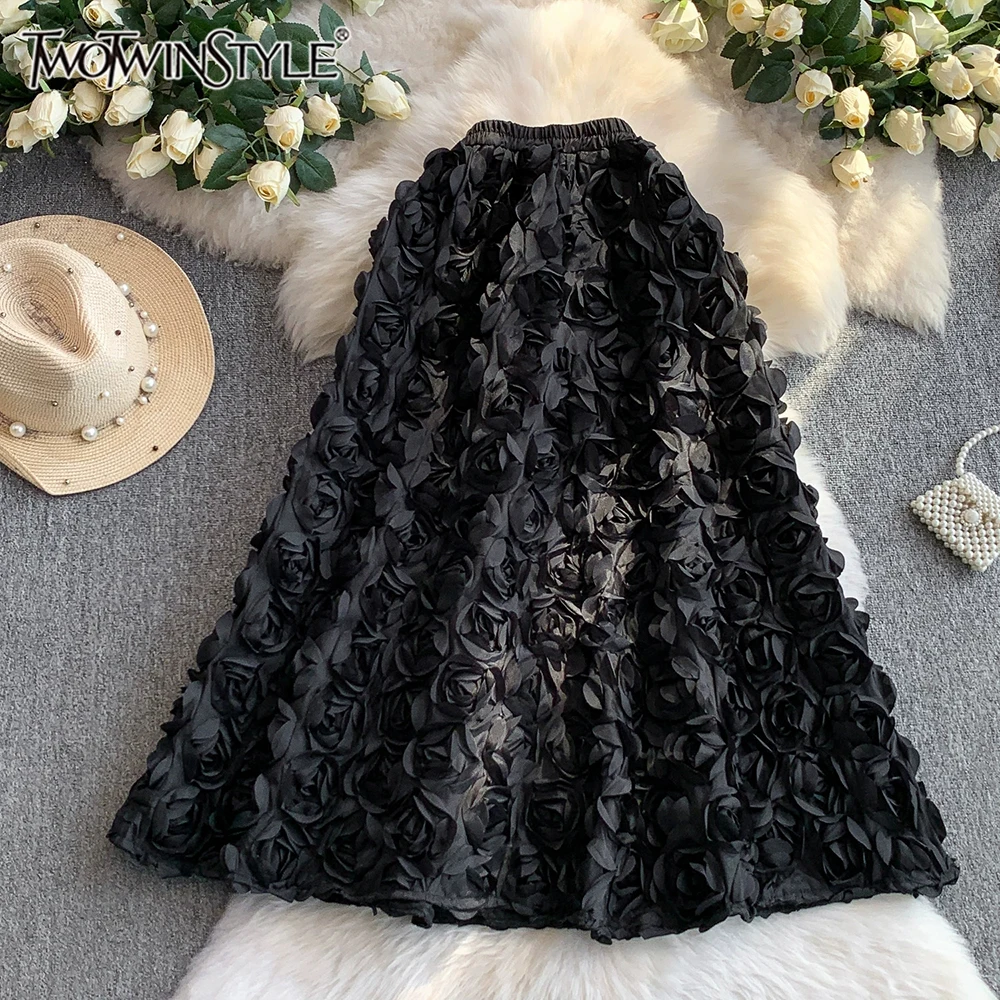 

TWOTWINSTYLE Sweet Solid Slimming Skirts For Women High Waist Spliced Appliques Elegant Long Skirt Female Fashion New KSK549855