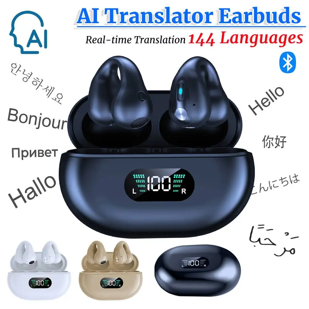 Smart AI Translator Earbuds Bone Conduction 144 Languages Real-time Two-Way Earbuds Translation Earphones for Travel Business