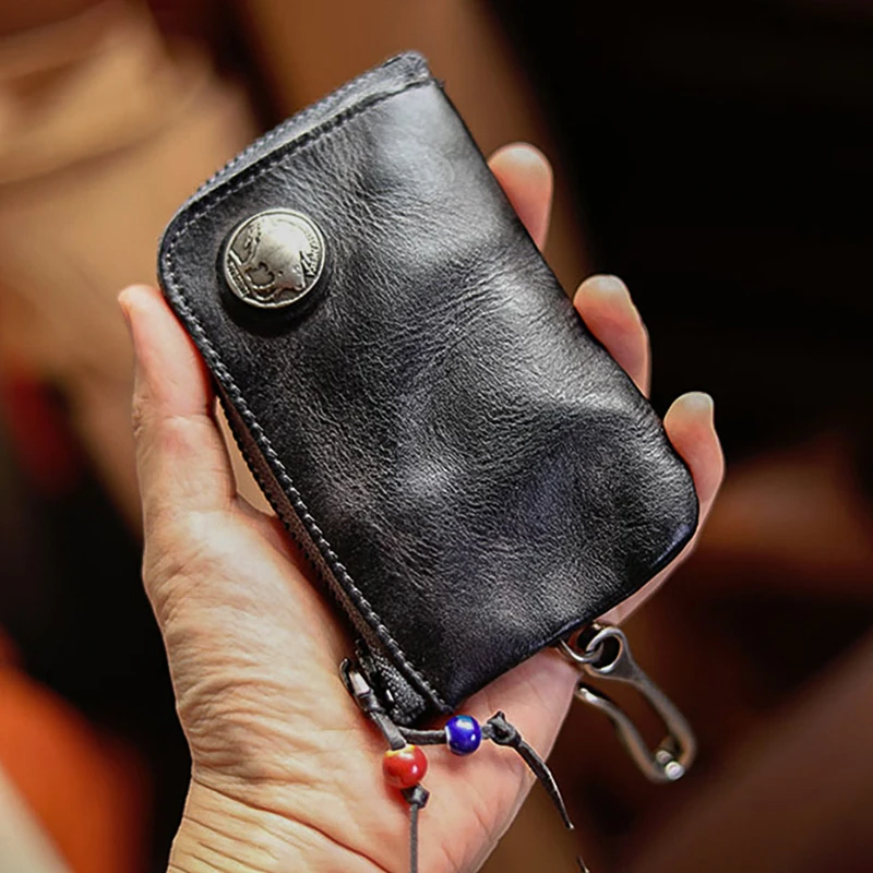 GURO High Quality Genuine Leather Home Car Key Bag Retro Men Handmade Top Cowhide Coin Purse Women Zipper Mini Wallet Card Holde