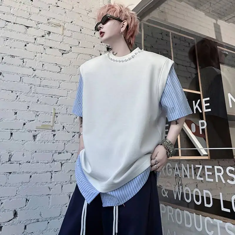 LUZHEN Men's 2025 Fashion New Pearl Neck Original Streetwear Solid Color Tank Tops Shorts Sleeve T-shirts Fake Two Piece JY7299