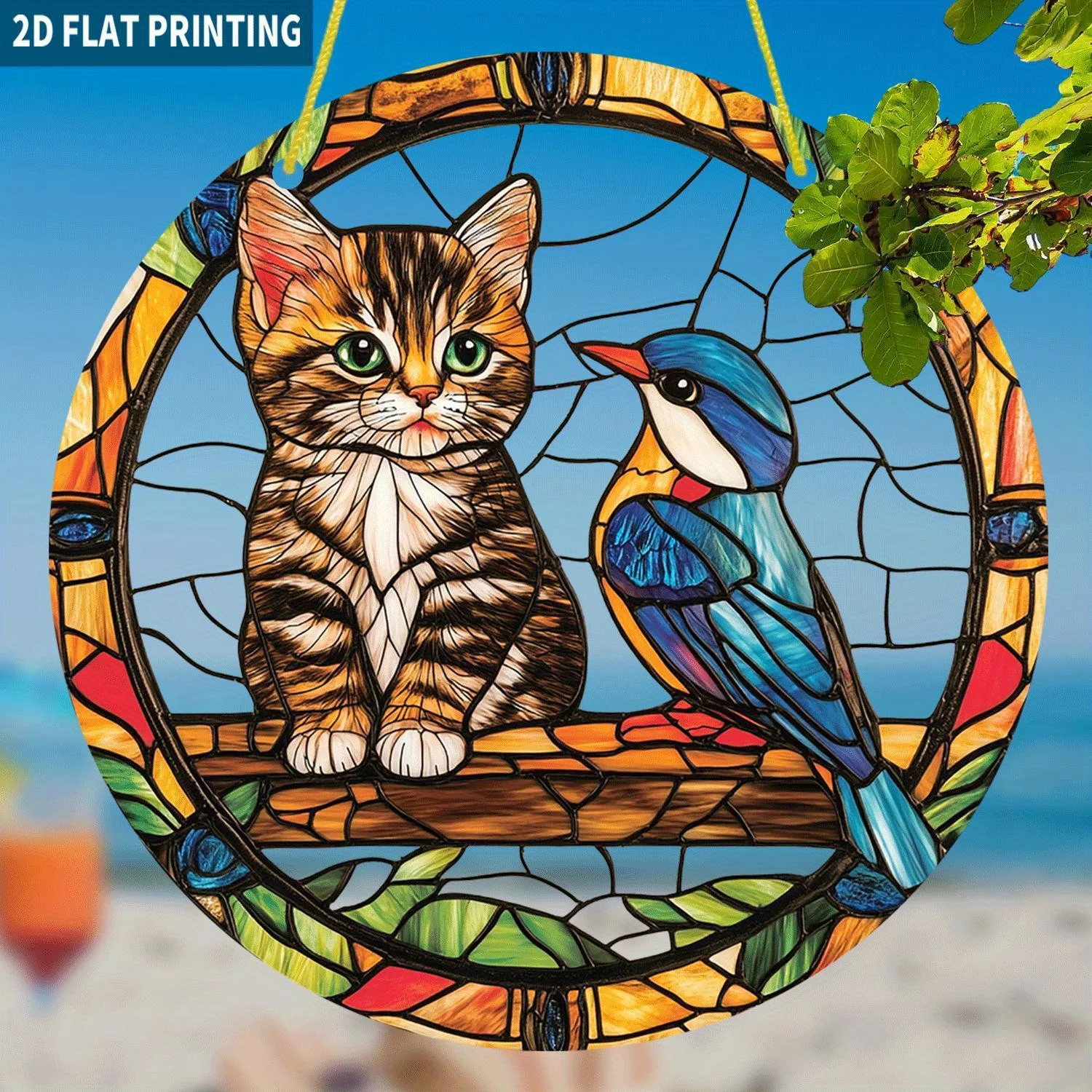 Acrylmalerei im Buntglas-Stil: Tabby-Kätzchen und Bunter Blauer Vogel auf Ast, Plastik-Fensterdekoration, 2D Flacher Acryl-Sonnenfänger