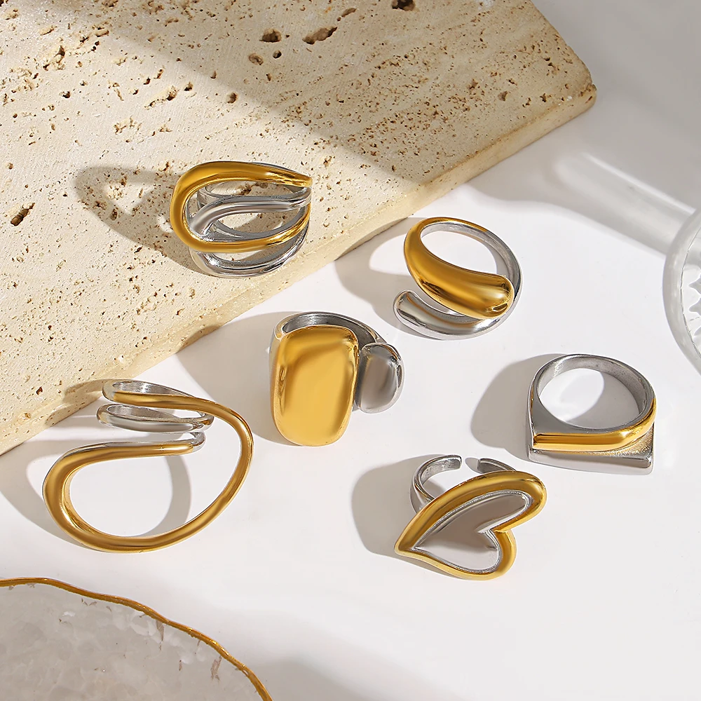 Stainless Steel Fashion Gold Silver Color Geometry Unique Ring For Women Two Color Creative Design Statement Chic Jewelry