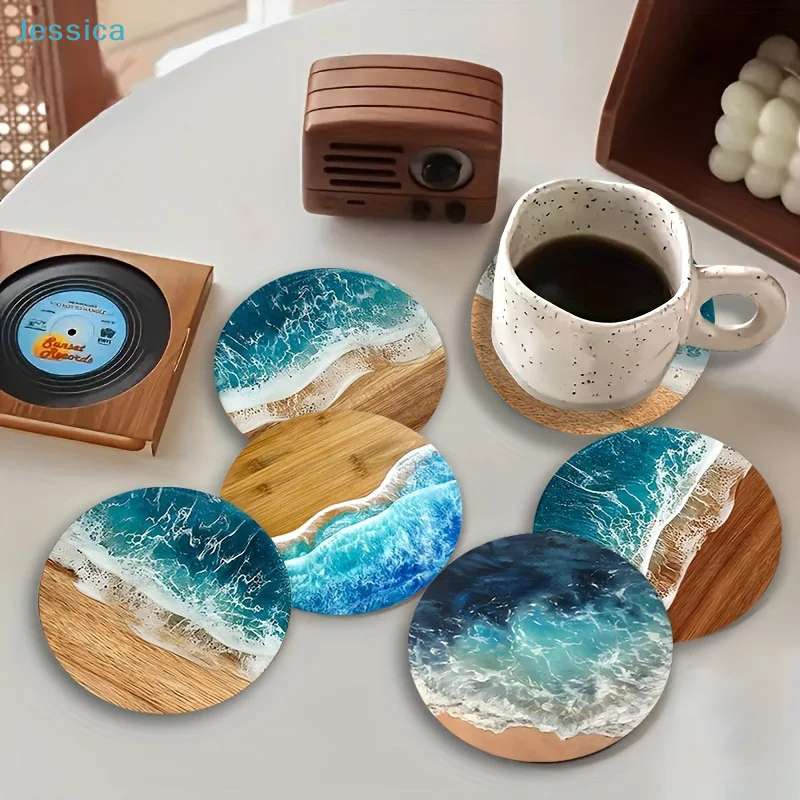 ♥Ocean Wave & Wood Grain Coasters Set  Heat-Resistant Drink Coasters for Coffee/Tea Mugs, Beach Theme Home Decor