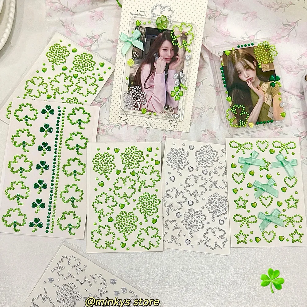 3pcs/4pcs One Pack Ins Style Four-leaf Clover Rhinestone Bow Stickers Set Kpop Card Packing Journal Scrapbooking Material