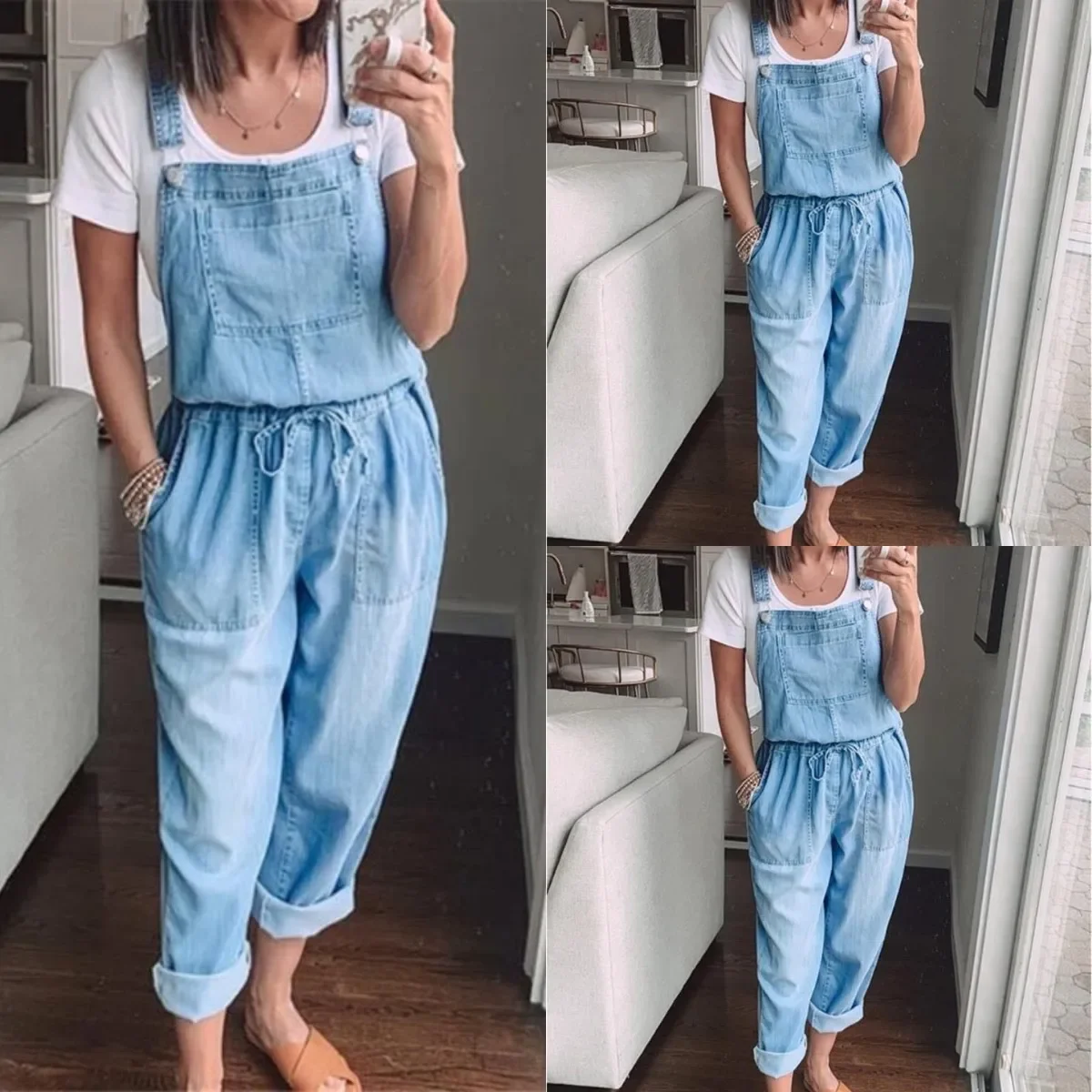 Jumpsuits Washed Jeans Denim Mid Waist Ankle Length Overalls Loose Pockets Straight Pants Casual Spliced Solid Draw String