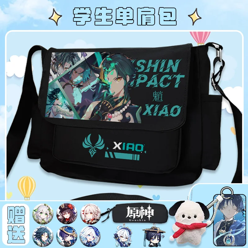 Genshin Impact Scaramouche Anime odznaka torba na ramię czarny biały Messenger kreskówka z przednim zamkiem błyskawicznym odznaki Crossbody