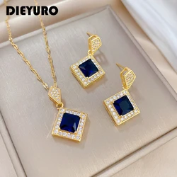 DIEYURO 316L Stainless Steel Square Dark Blue Crystal Charm Necklace Earrings For Women Girl New Trendy Jewelry Set Gift Party