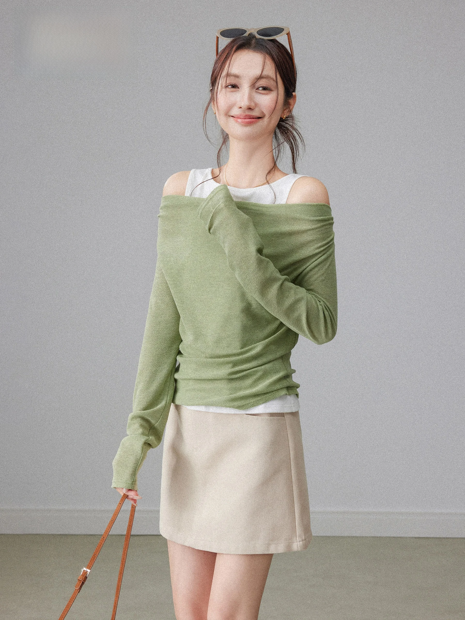 

Женский комплект: облегающий топ с длинным рукавом на одно плечо и жилет, повседневный стиль, цвет зеленый фасоль, весенний дизайн, дышащий, комфортный