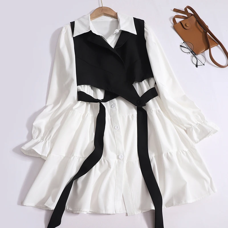 Women Preppy Style Chiffon Set Irregular Solid Vest and Long Sleeved Single breasted Mid Length Turn-down Collar Dress Suit Fall