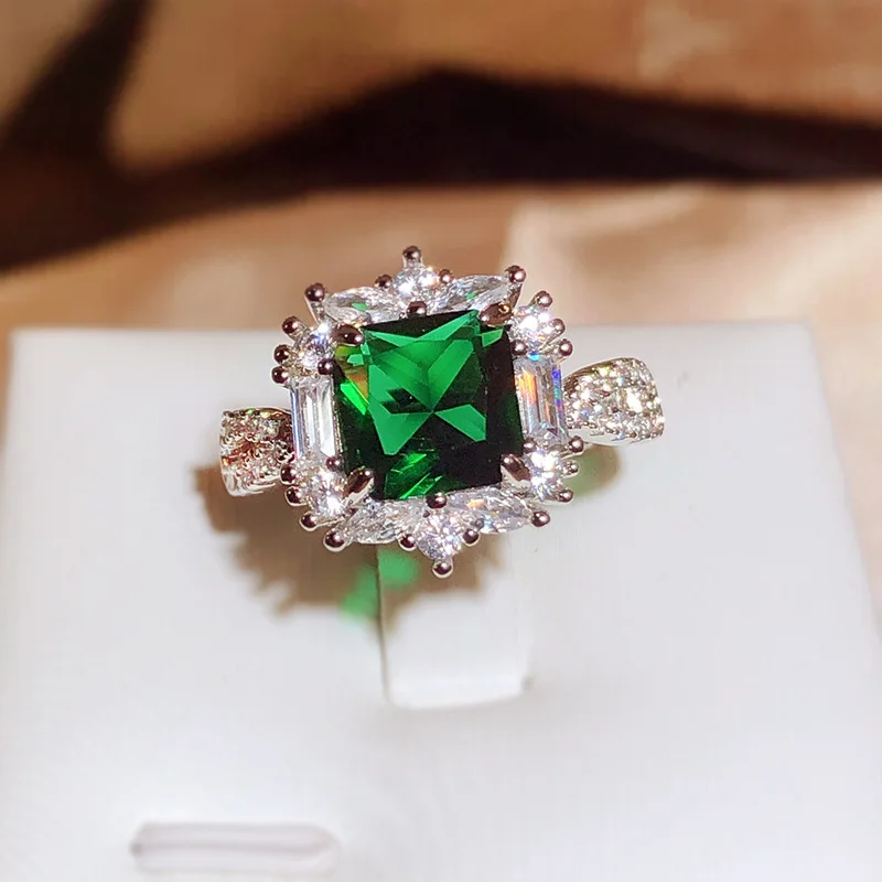 Bling Bling Zirconia Flower Emerald Wedding Rings For Women High-quality 925 Sterling Silver Proposal Engagement Bands Jewelry