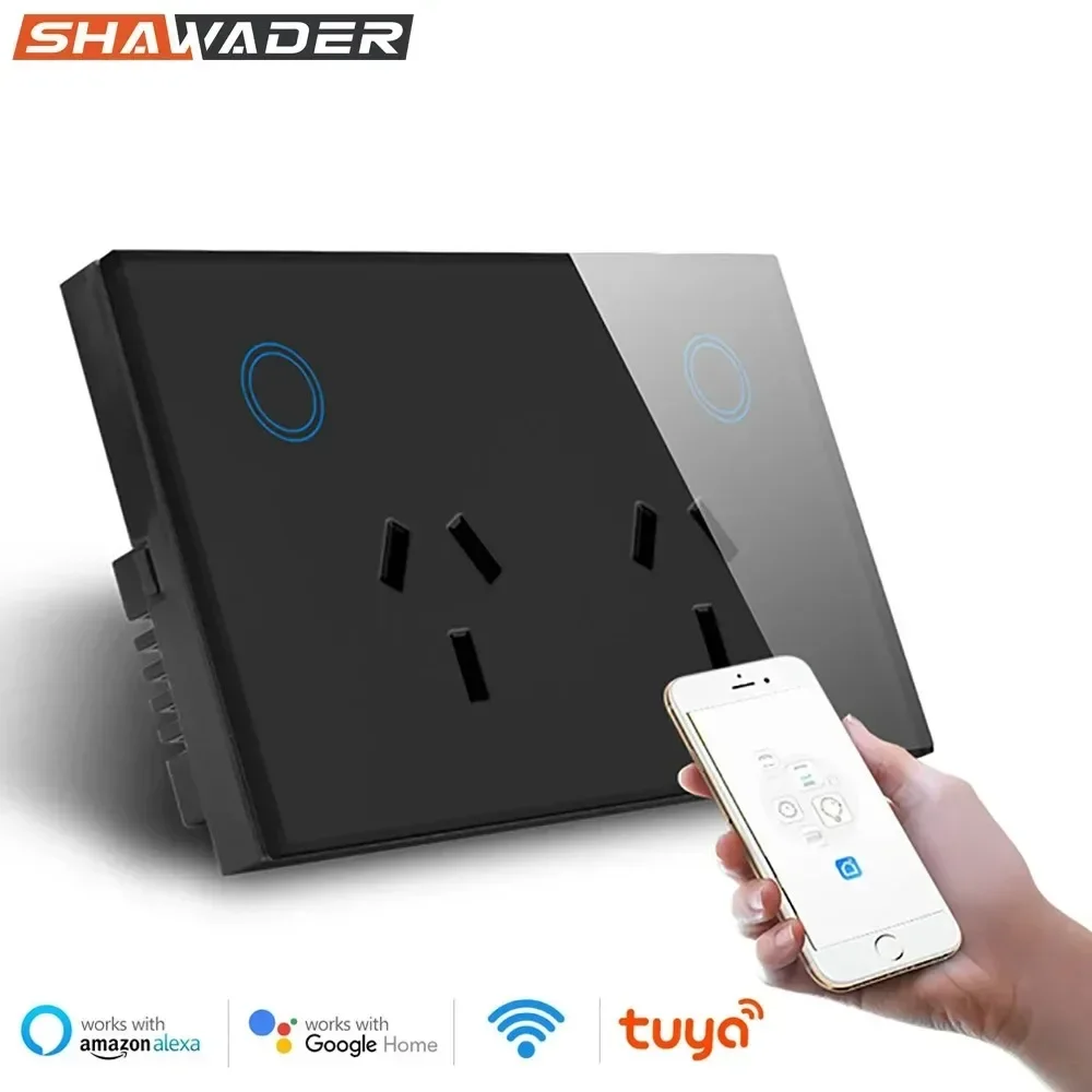 Shawader Tuya WIFI Smart Dual Wall Socket AU Electrical Monitoring Power Plug Outlet Glass Wireless Remote ,Alexa Google Home