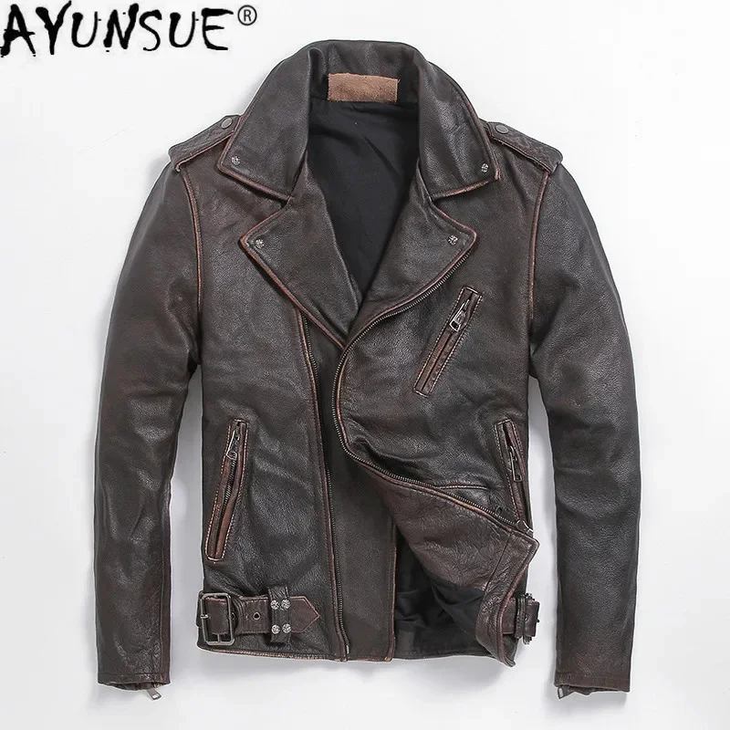 AYUNSUE Real Leather Jacket Men Vintage 100% Cow Coat Plus Size Genuine Motorcycle 2024 L-Z-6 KJ4714