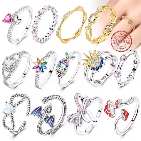 925 Sterling Silver Rings for Women Gold Shining Retro Heart Bow Star Ring Size 6 7 8 9 Wedding Anniversary Fashion Fine Jewelry