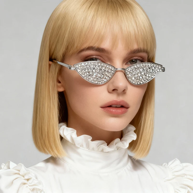 

New Elegant Metal Studded Cat Eye Sunglasses Trendy Small Frame Ocean Lenses Fashionable Personalized Party Outdoor Sunglasses