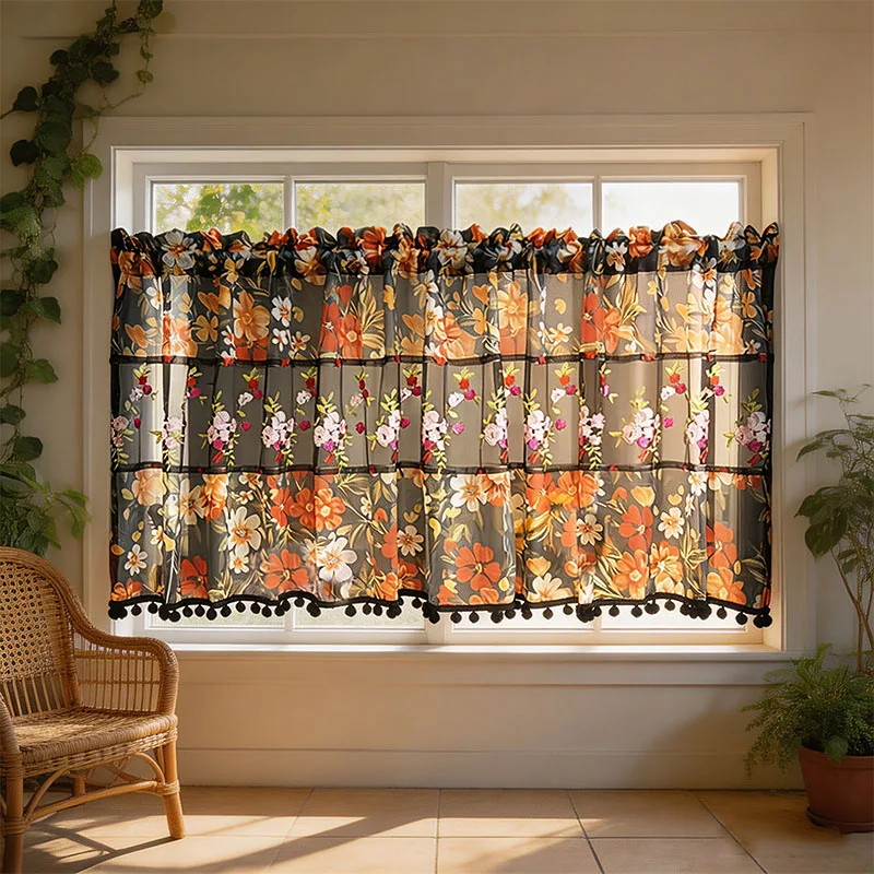 1pc Retro Terylene Spliced Mesh Curtain, Pink‑Orange‑Red Mesh Embroidery, Black Pom‑pom Tassel Rod‑Pocket Short Valance