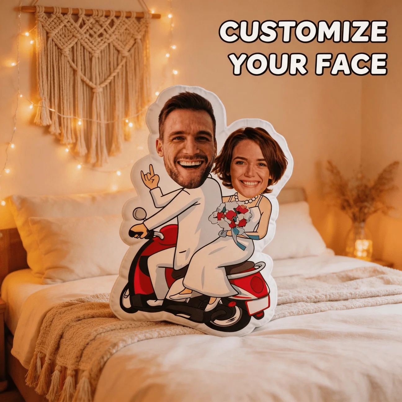 Custom Couple Photo Shaped Pillow, Personalized Wedding Scooter Face Decorative Cushion, Unique Home Decor Accent for Sofa & Bed
