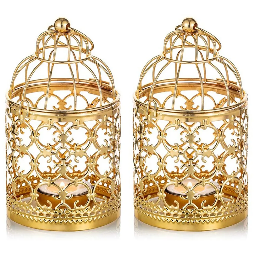 2Pcs Small Metal Tea Lights, Hanging Bird Cage Lanterns, Candle Gold Lanterns, Vintage Wedding and Party Decorations