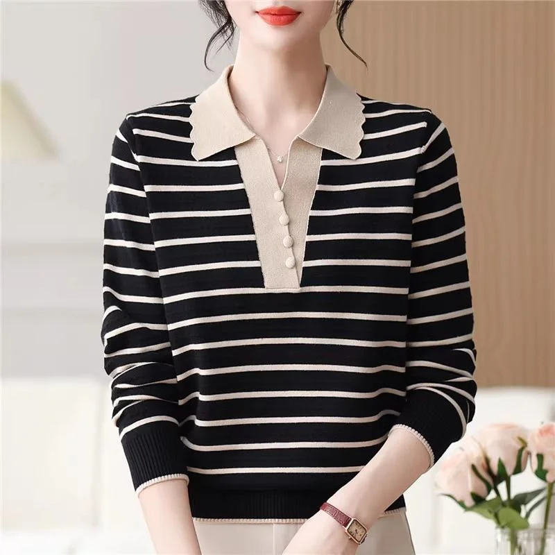 

New Autumn Knitted Women's Pullover POLO Collar Button Striped Fashionable Base Sweater