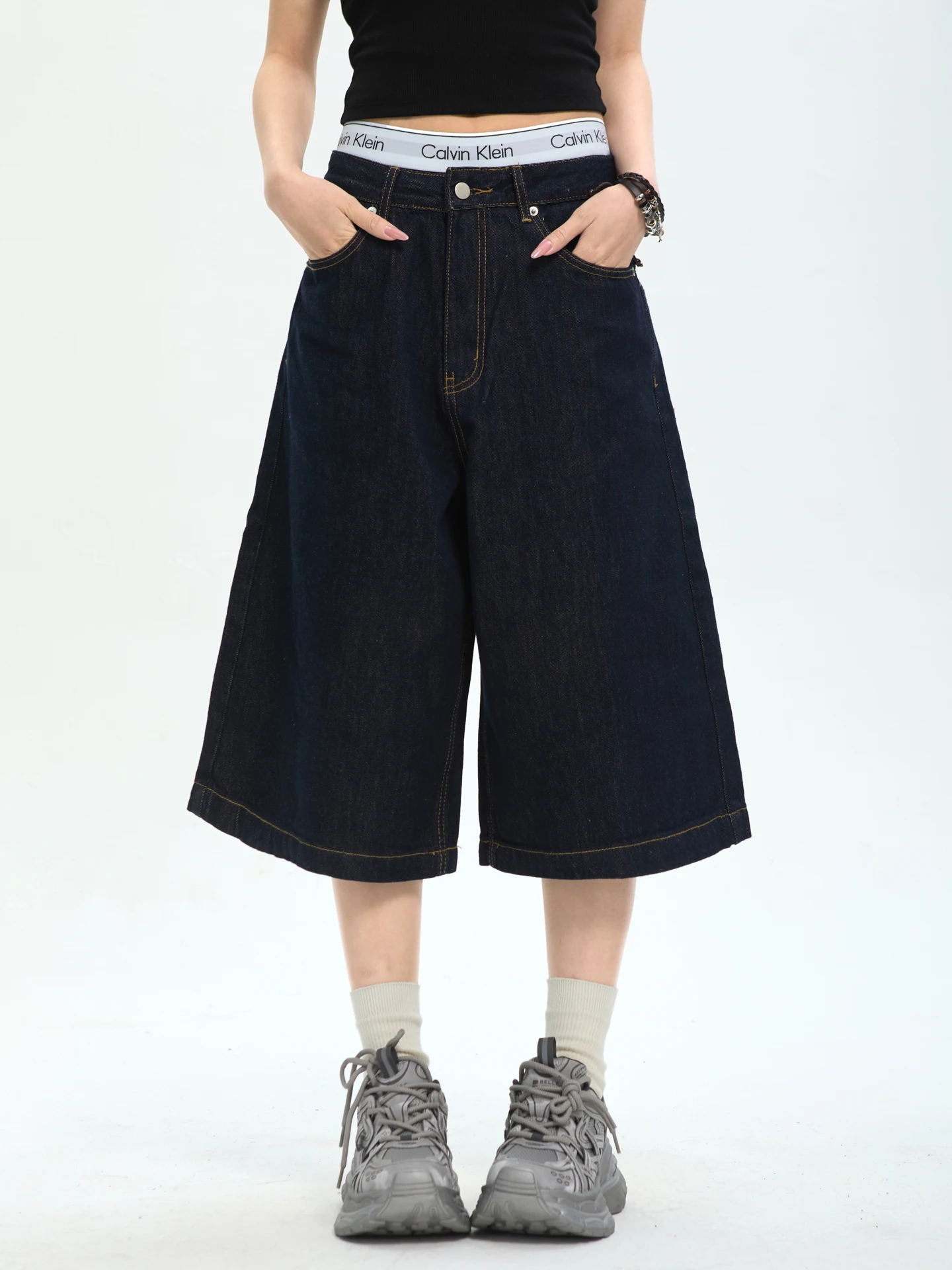 

7KEEWEN Spring American Retro Casual Wide Leg Jeans Shorts Women's Seven-Foot Pants Casual Loose Fit High Waist Jeans