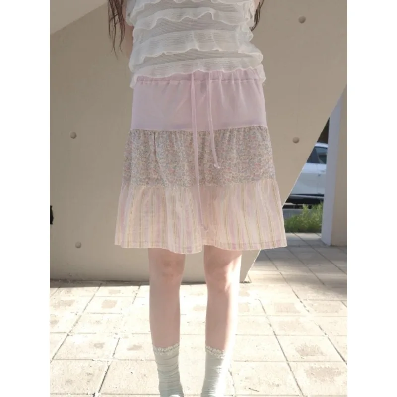Japanese Floral Print Sweet Knee Length Skirt Women 2026 Summer High Waist Lace Up Contrast Color Patchwork Fold A-line Skirt