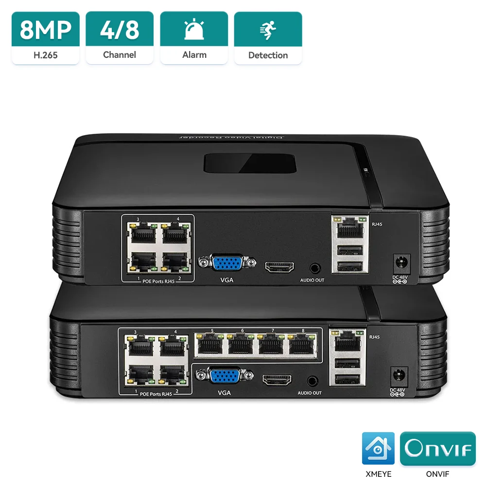 4K 8MP Ultra HD POE NVR 4CH/8CH 48V POE Video Recorder IP Surveillance Security System Remote Access Face Detection H.265 Xmeye