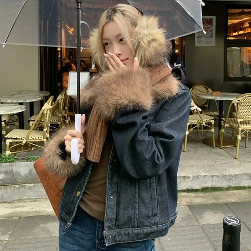 Fall Winter 2026 Fur Spliced Denim Woman Jacket Lapel Outerwears Y2K Streetwear Loose Clothes Casual Chaquetas De Mujer Jackets