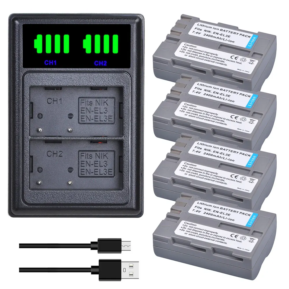 2400mAh EN-EL3e EN EL3e Battery + Charger with USB and Type-C Port for Nikon D90 D80 D70 D700 D50 D70s D300s D100 D200 SLR
