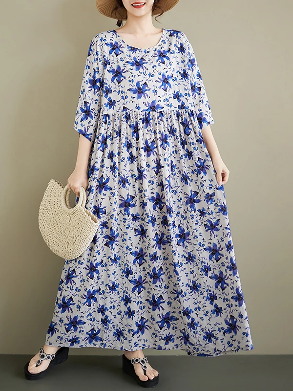 

Летнее тонкое хлопково-льняное платье свободного кроя до колен с коротким рукавом, круглым вырезом, в этническом стиле, с принтом, А-силуэт