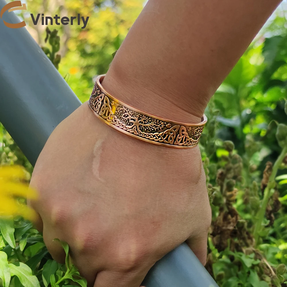 Viking Yggdrasil Pure Copper Magnetic Bracelet Benefits Adjustable Cuff Healing Energy 15mm Wide Wrap Copper Bracelet Men Charms