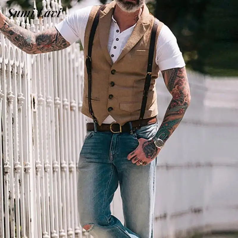 

Autumn Classic Mens Vest Cardigan Jacket Turn-down Collar Button-up Vintage Waistcoats For Men Stylish Slim Sleeveless Jackets