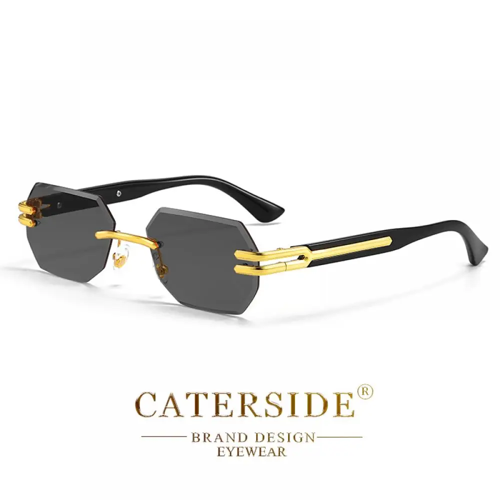CATERSIDE Neue rahmenlose Sonnenbrille für Herren, modische polygonale Spiegellinsen mit Farbverlauf, Metallrahmen, Damen-Party-Sonnenbrille für den Außenbereich – Detail 23