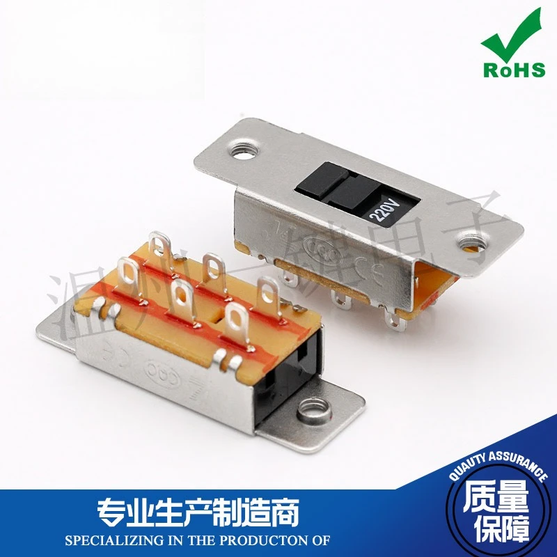 10Pcs/Lot Power Transfer Switch 220-110V 2P2T Double Row 6-Pin Slide Switch with Ear Thread