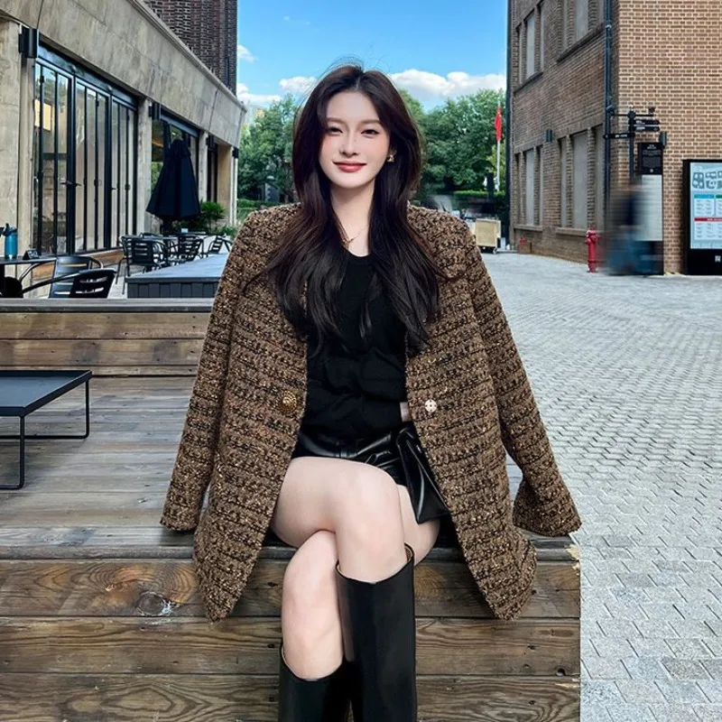 New Tweed  Jacket For Women's Rich Daughter High-End Sense Gold Thread Interwoven Weaving, New Medium And Long Styles Blazer