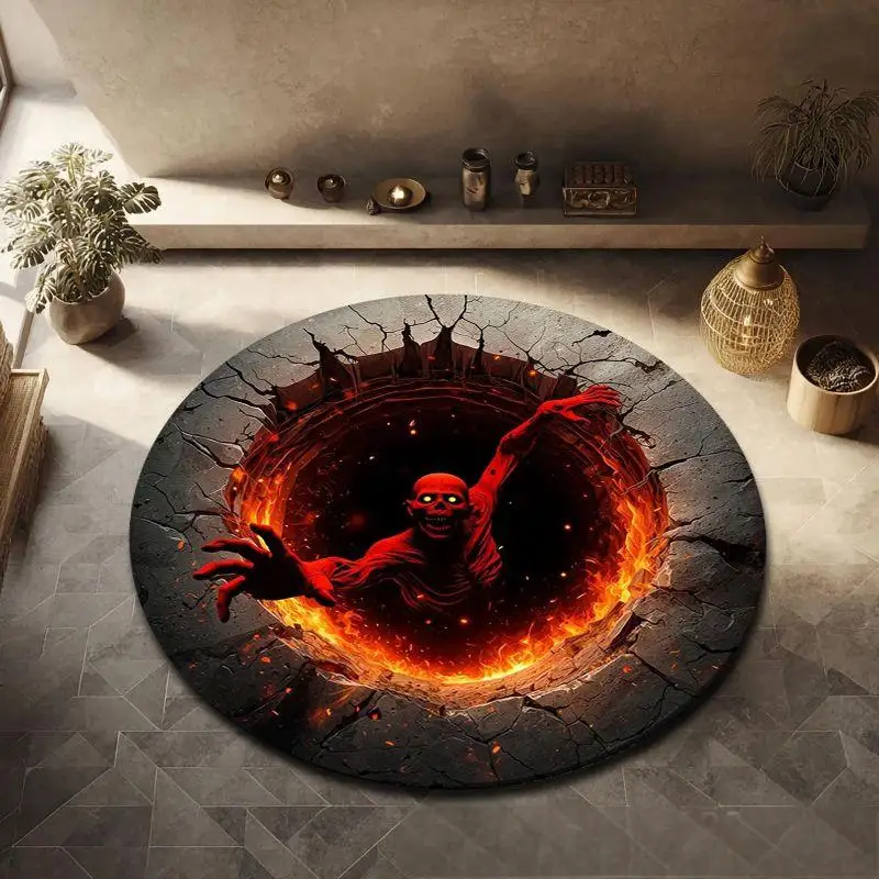 VIKAMA 3D Halloween Skeleton Round Rug, Spooky Optical Illusion Non Slip Floor Mat for Indoor Holiday Decor Carpet