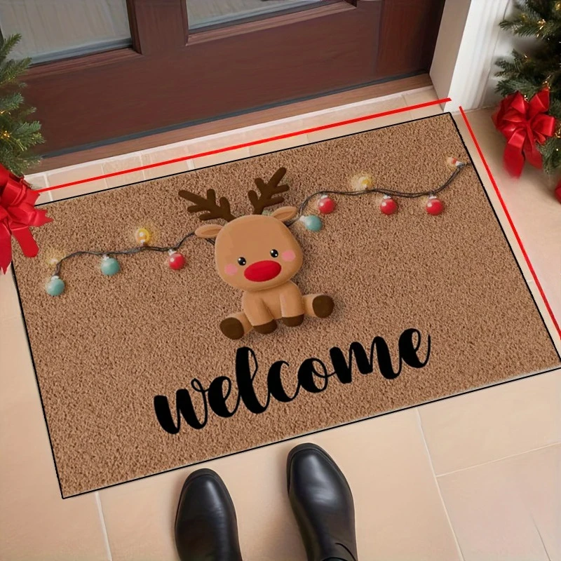 Welcome Christmas Front Door Mat Cute Cartoon Reindeer Colorful String Lights Print Xmas Farmhouse Decor Doormat for Entryway