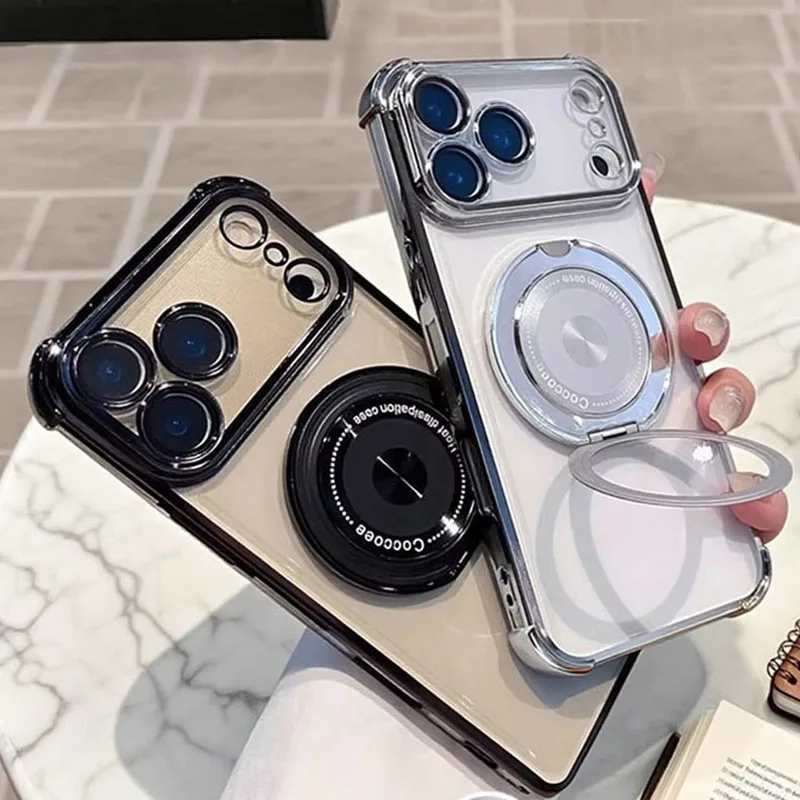 Luxury Transparent Magnetic Phone Case For iPhone 17 Air 13 14 15 16 17 Pro Max 11 12 With Ring Stand Plating Soft Case
