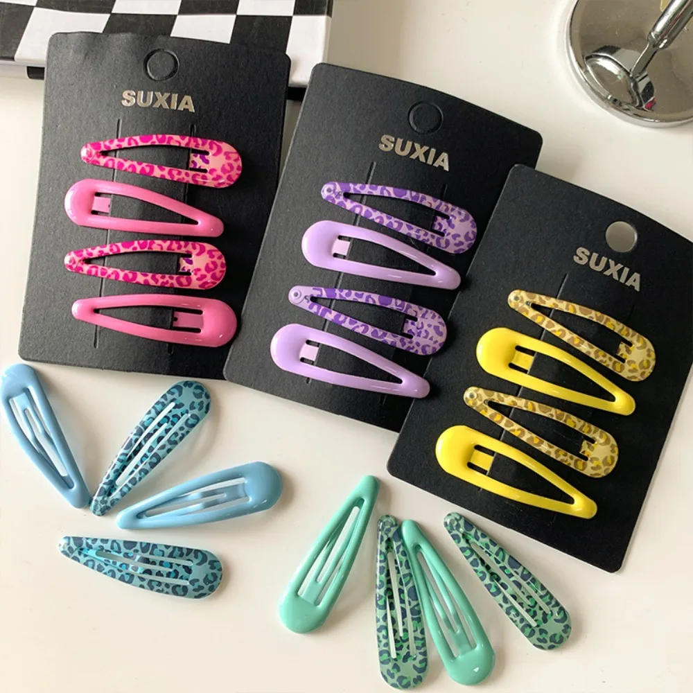 4Pcs/Set Colorful Leopard Print BB Hair Clips Water Drop Snap Barrettes Girls Side Bangs Hairpins Fashion Hair Accessories