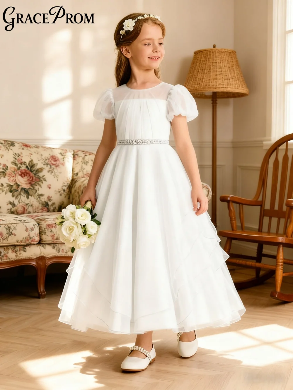 

Cute Short-Sleeved Ring Girl Dress Girl Stage Show Dress Wedding Girl Princess Dress Fashion Diamond Tulle Floor-Length Party