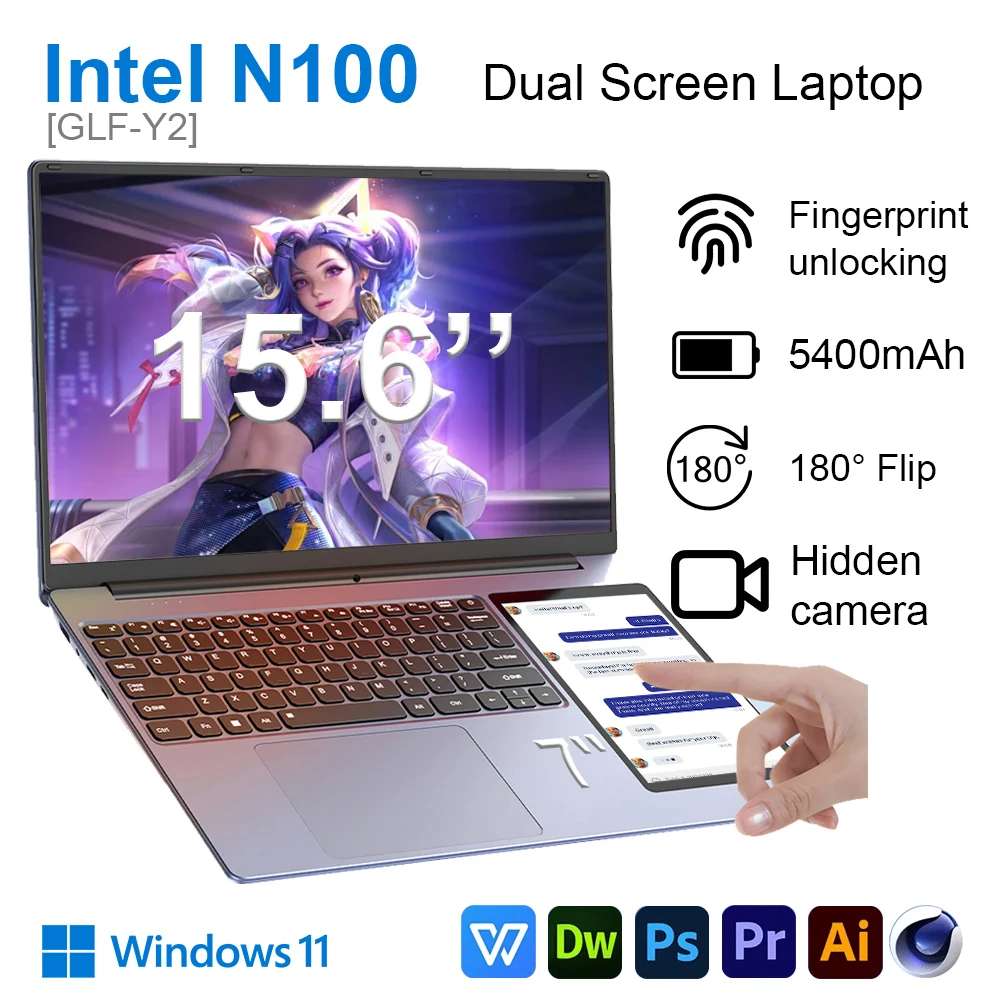 GLF-Y2 Laptop a doppio schermo Intel N100 15.6 pollici IPS + 7 '' Touch Computer aziendale 16 GB + 512 GB DDR4 M.2 2T SSD Laptop da ufficio sottile