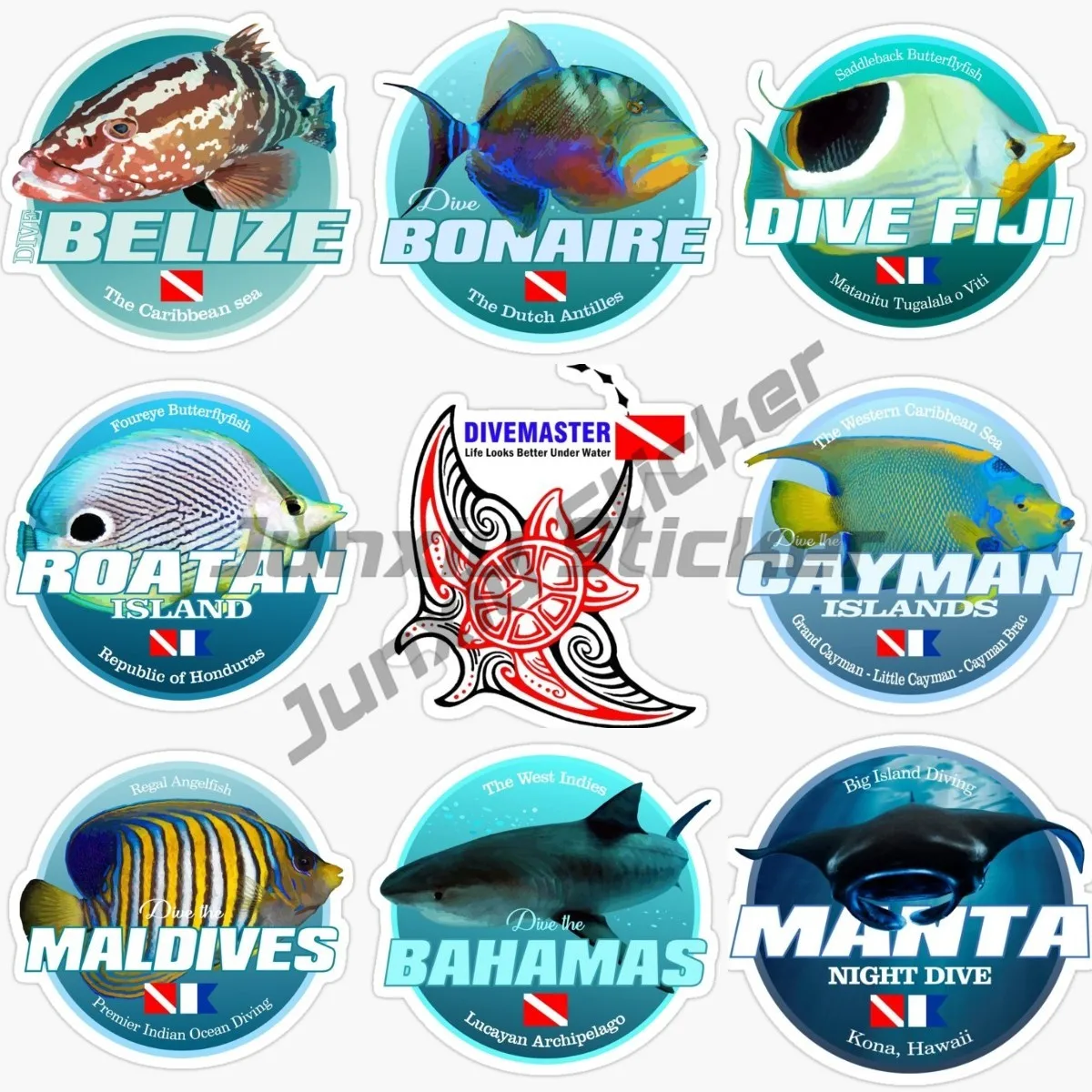 Scuba Diving Diver BELIZE BONAIRE DIVE FIJ CAYMAN MALOIVES Stickers and Decals PVC Vinyl  Waterproof Material Quality