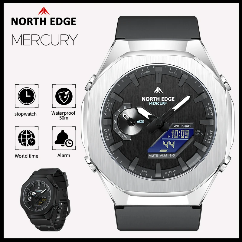 NORTH EDGE Watches for Man MERCURY New Stopwatch Waterproof 50M Sports Men Watch World Time LED Quartz Wristwatches Reloj Hombre