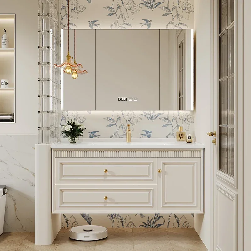 Cream wind French high-end paint door panel intelligent solid wood combination bathroom cabinet ceramic integrated basin