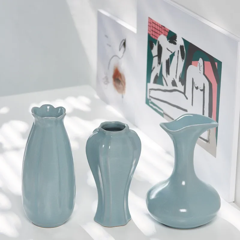 

Retro Cyan Vase Ceramic Flower Arrangement Simple Water Nourish Home Porch Decoration Living Room Decoration Pieces Classical