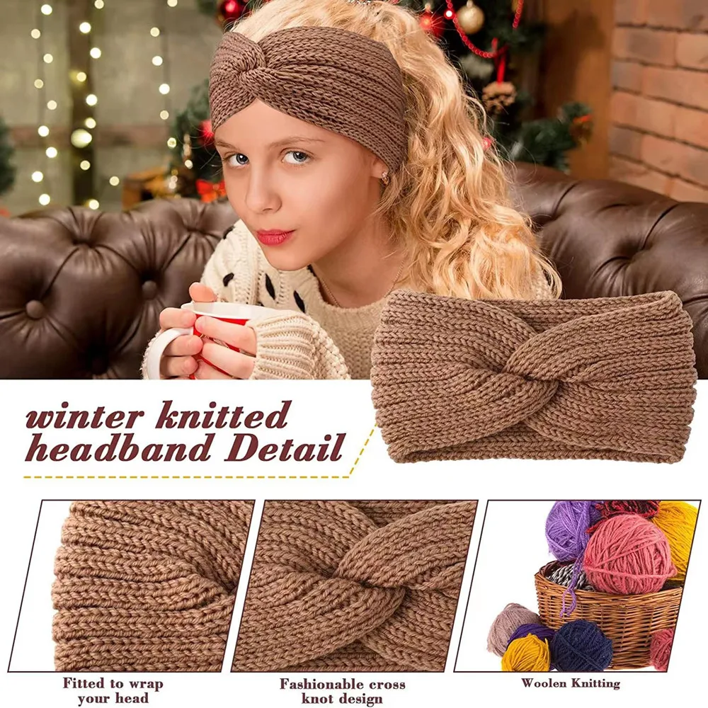 Hot Wool Knitted Cross Headband For Women Winter Wide Knitting Warm Hairbands Solid Color Elastic Sport Turban Bandage Bandanas