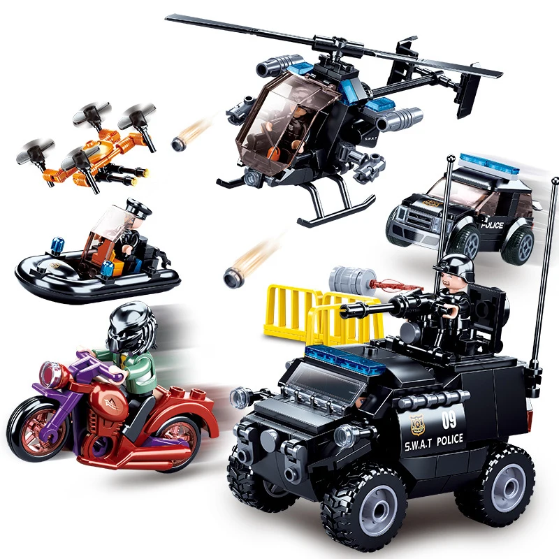 

SLUBAN SWAT Police Station Truck Machine Helicopter Car Figures Model Building Blocks City Bricks Educational Toy For Children