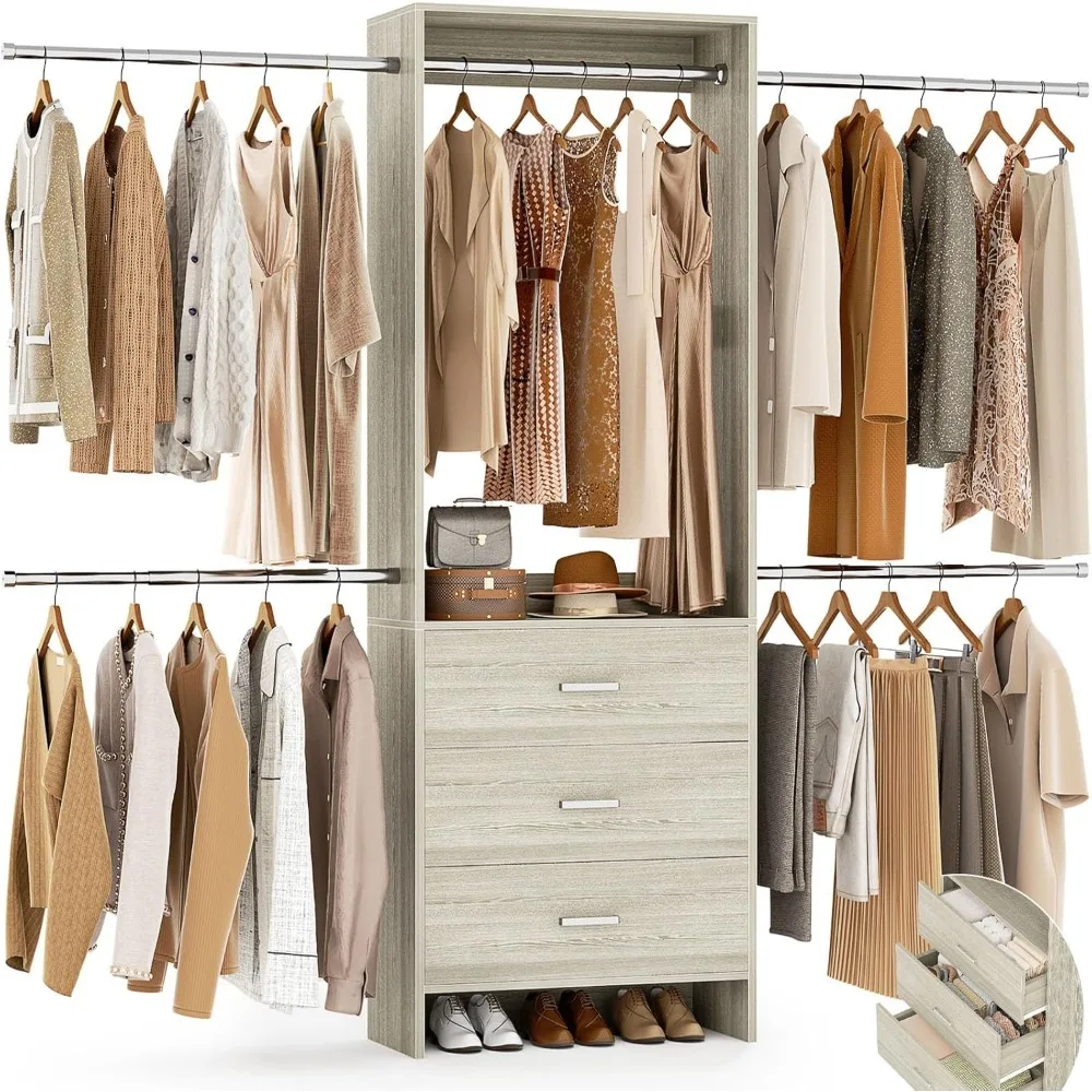 

Closet System, Closet Organizer with 3 Wooden Drawers, Closet Organizer System, Walk-in Closet Wardrobe Clothes Rack with 4 Han