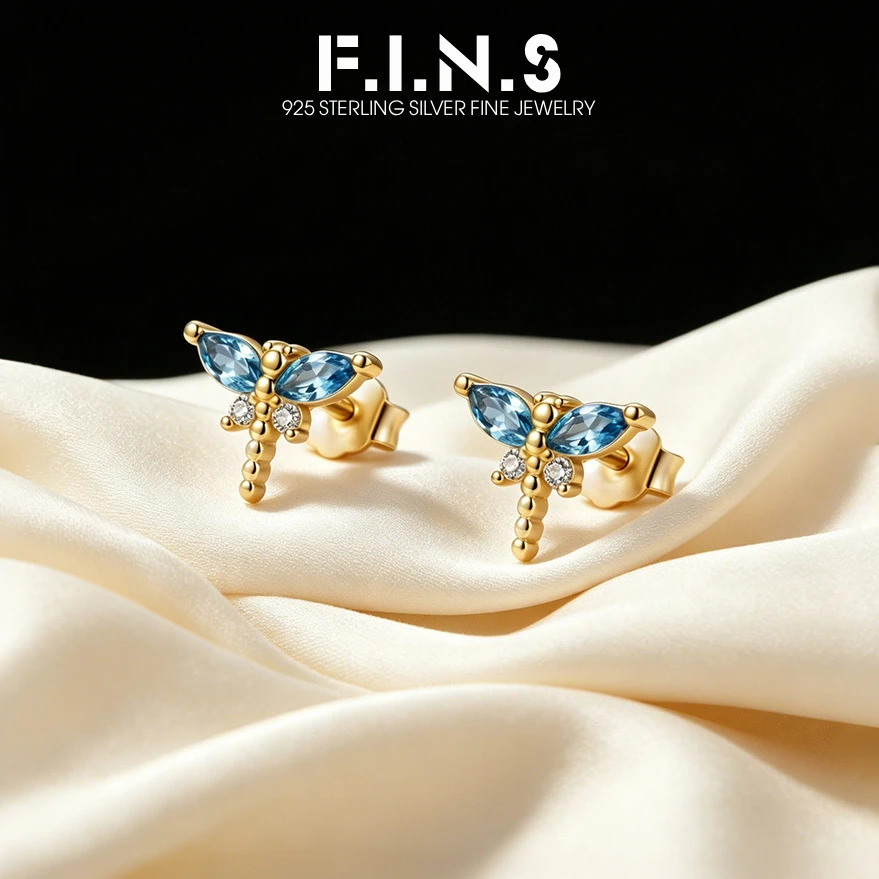 F.I.N.S S925 Sterling Silver Blue Zircon Dragonfly Stud Earrings for Women Minimalist Zircon Small Hypoallergenic Fine Jewelry