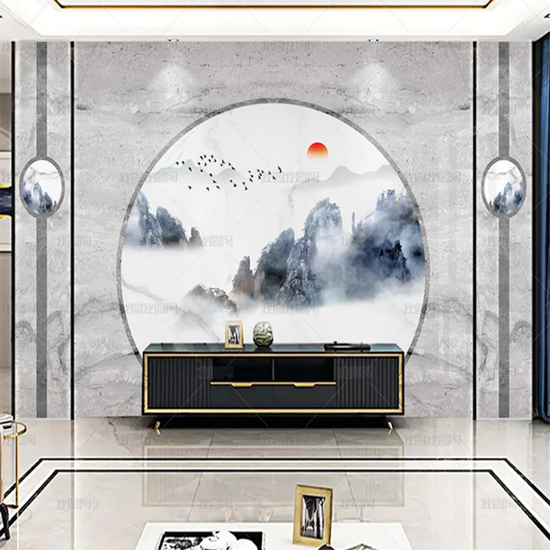 

Пользовательские 3D новый китайский стиль мрамор круглый пейзаж обои фреска поддерживающий диван ТВ гостиная фон стена 8d спальня