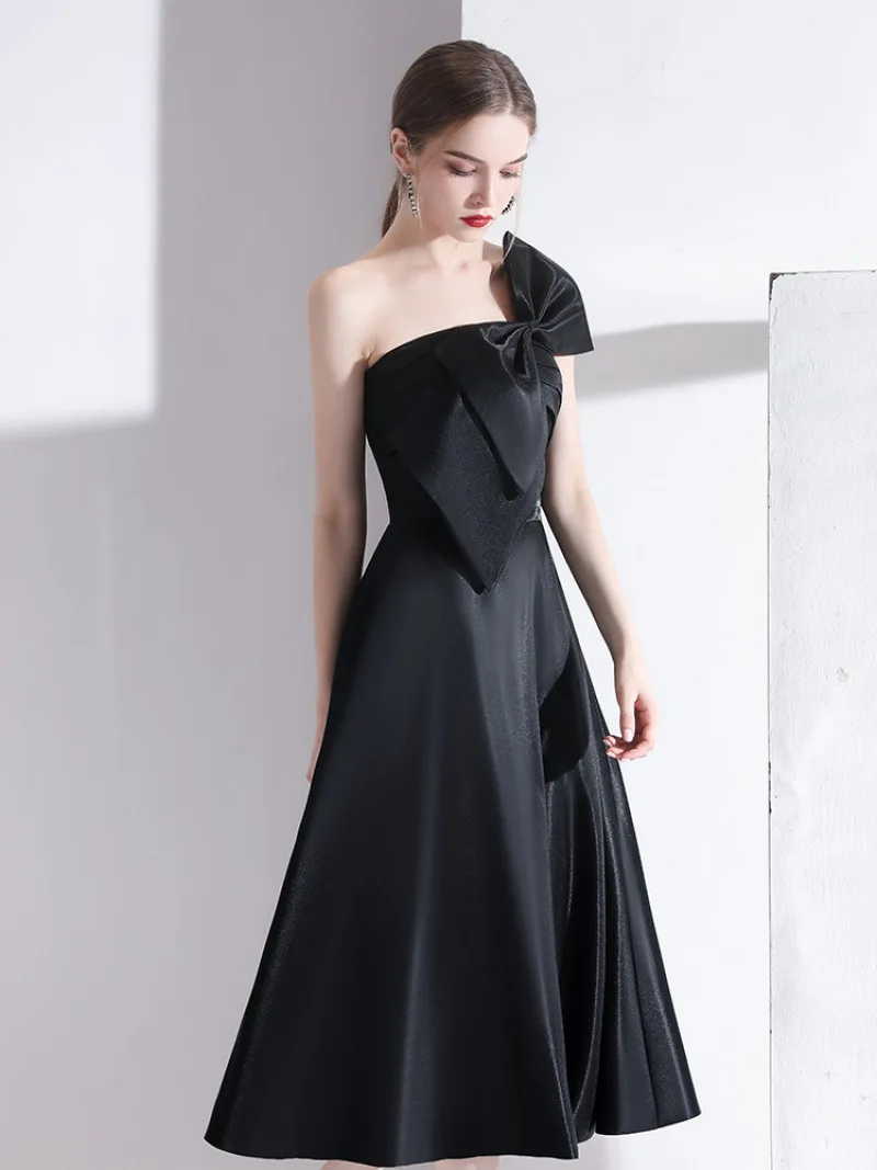 F295 Custom Made Satin Black Evening Dress Princess Girl Sexy Women's A-Line Tea-Length Banquet Prom Party Dresses With Bow