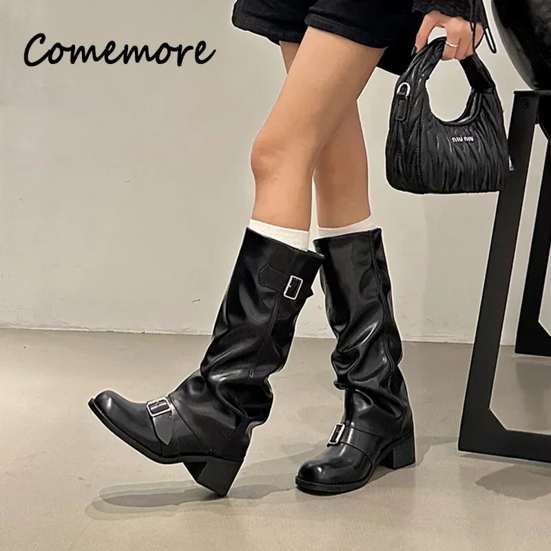 Comemore Autumn Women Biker Boots Fashion Belt Buckle Ladies Elegant Platform Long Pipe Booties Casual Women\'s Knee High Boots